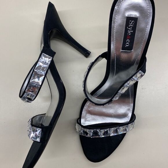 Style & Co Black Rhinestone Strap Slip On Heels - Picture 1 of 2